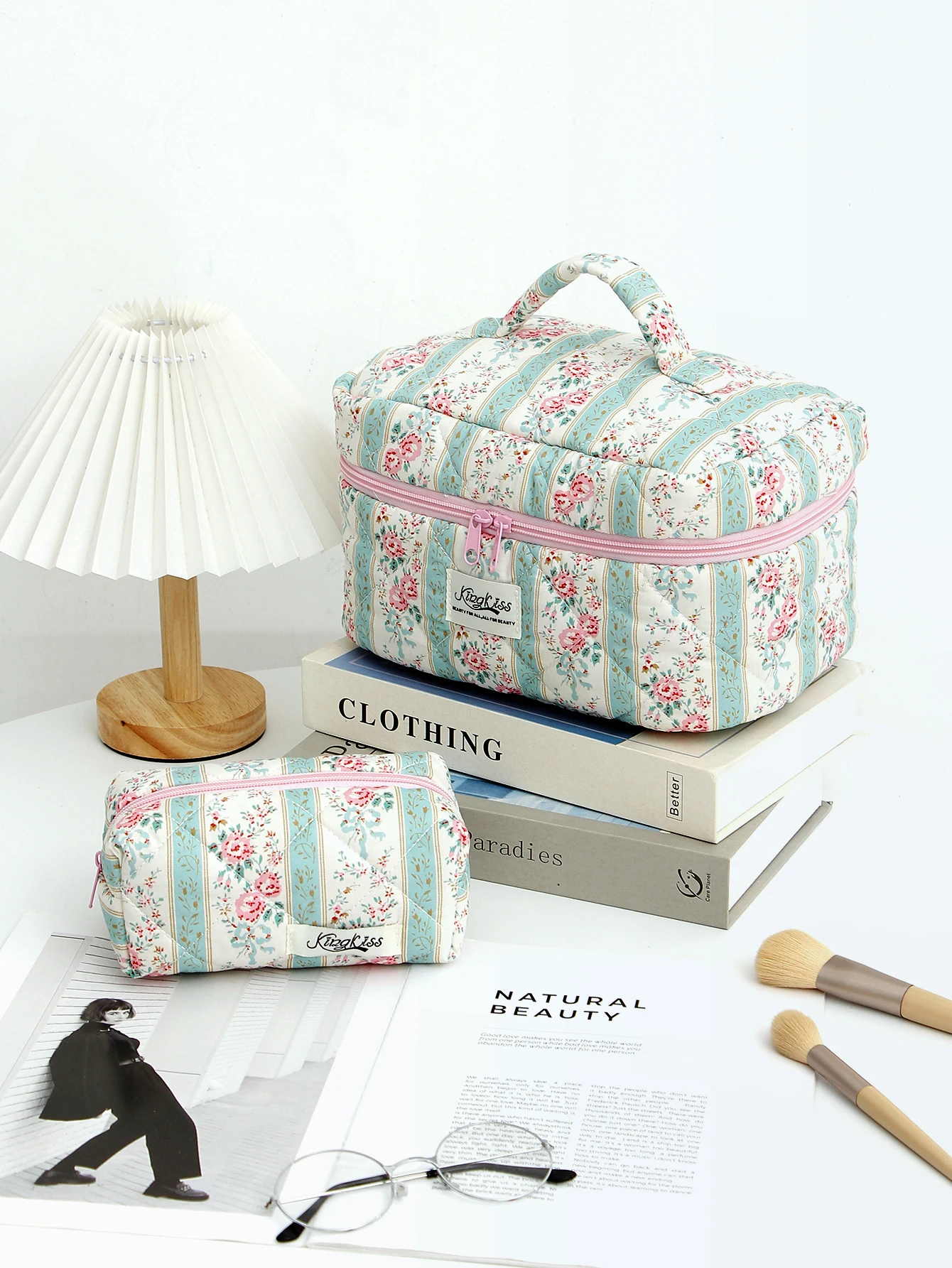 1 stk/set roze bloem groen streeppatroon multifunctionele cosmetische opbergtas organizer met ritssluiting voor thuisreizen en school