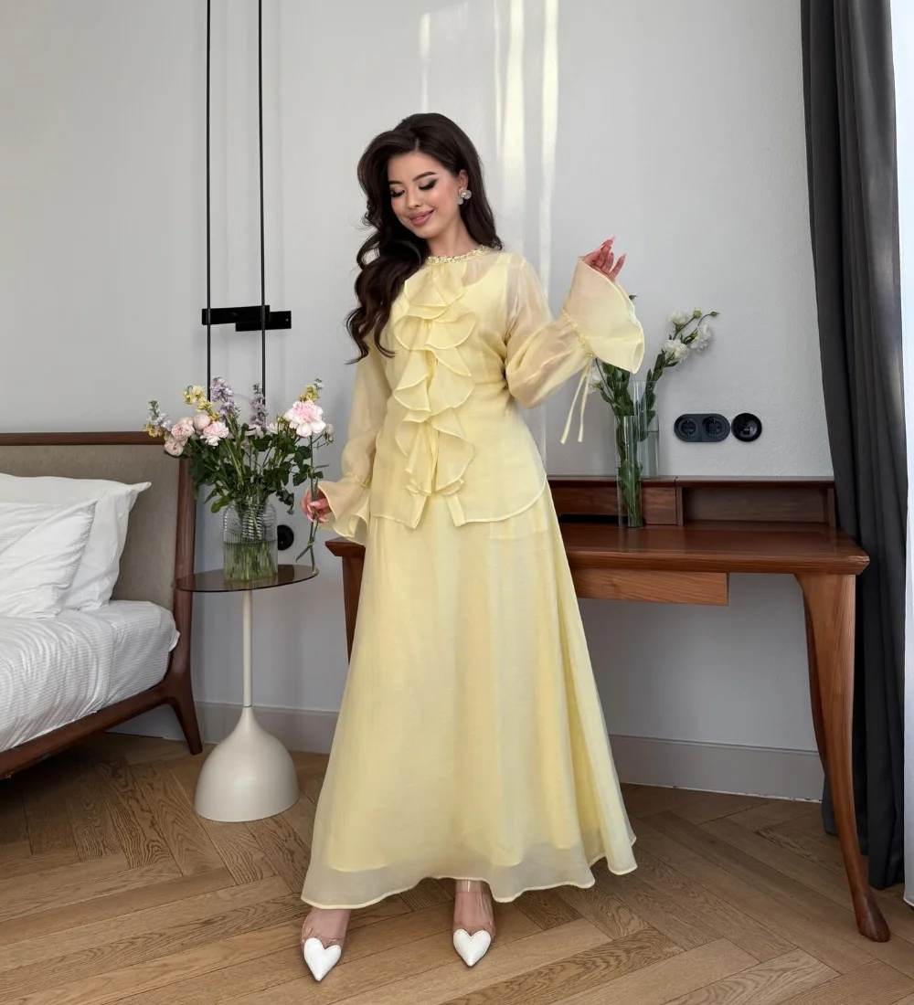 

Customized Exquisite Modest Chiffon Pleat Ruched Beading Sequined A-line High Collar Floor-Length Evening Dresses for Woman