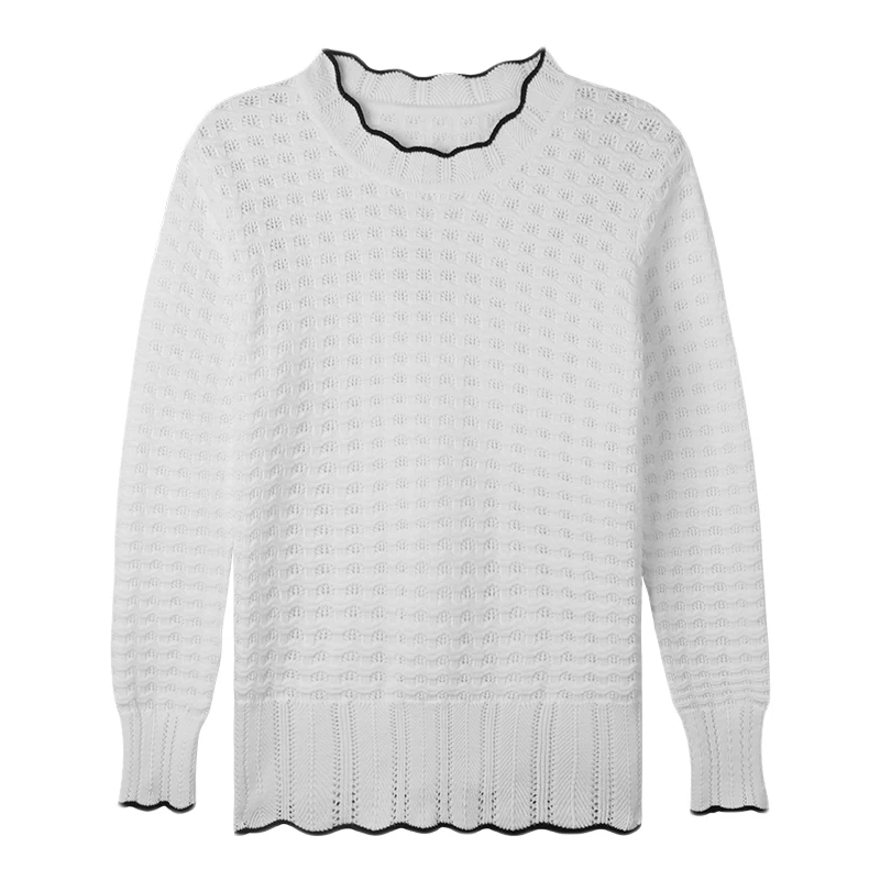 Suéter feminino de renda com babados, 100% algodão, pulôver oco elegante, camisa de assentamento, tops de tricô casual, outono, inverno, novo