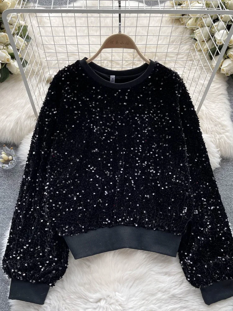 Embroidery Sequins Heavy Design Fashion Pullover Women Autumn Winter New Luxury High Sense Black Paillette Sweater Top