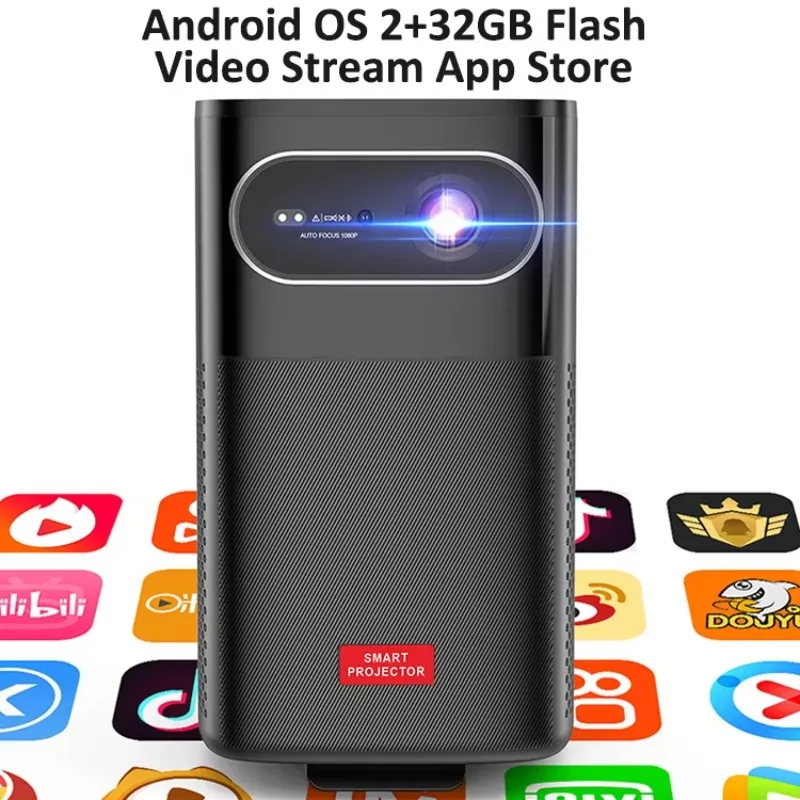 1080P DLP Projector 300 ANSI Auto Focus Rechargeable Battery Android 2+32GB 4K Input Portable Dual Speaker 3D Support