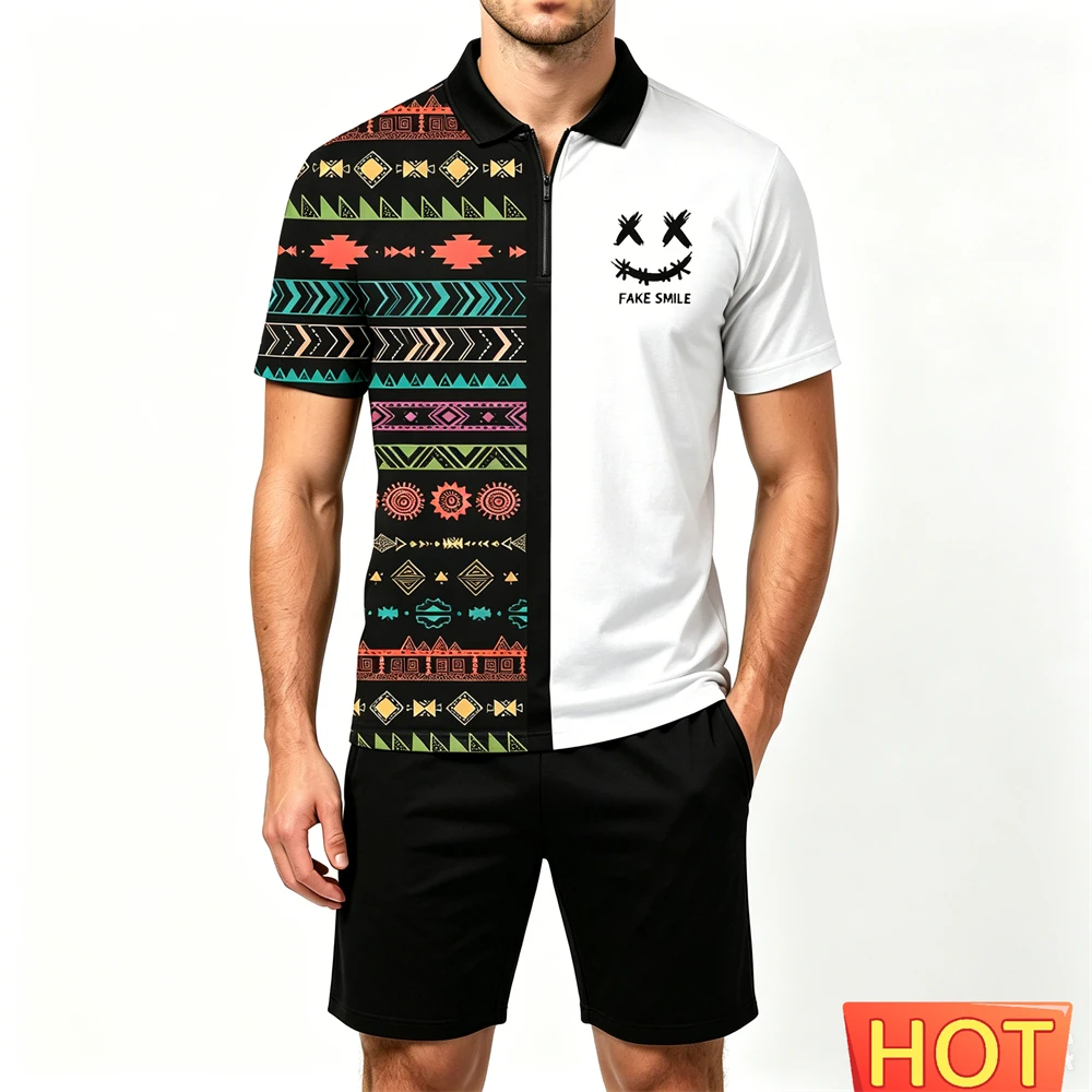 

Casual Men's Short Sleeve Set Funny 3D Print Loose Outfit Fashion Zip Polo Shirt and Shorts 2 Piece Summer Daily Sports Man Suit
