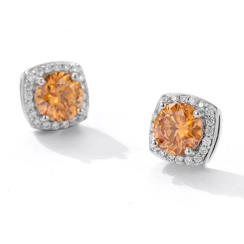 1-2cttw Champagne Garnet Moissanitge Cluster Halo Magnetic Stud Earrings Women Fine Jewelry White Gold Plated Square Earrings