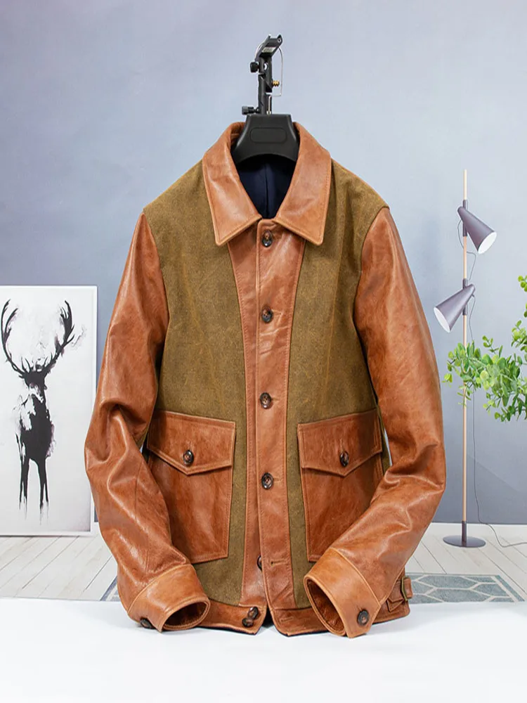 YR!Free shipping.2024 new quality Classic canvas work clothes.Men genuine leather jacket.outdoor vintage cowhide coat.