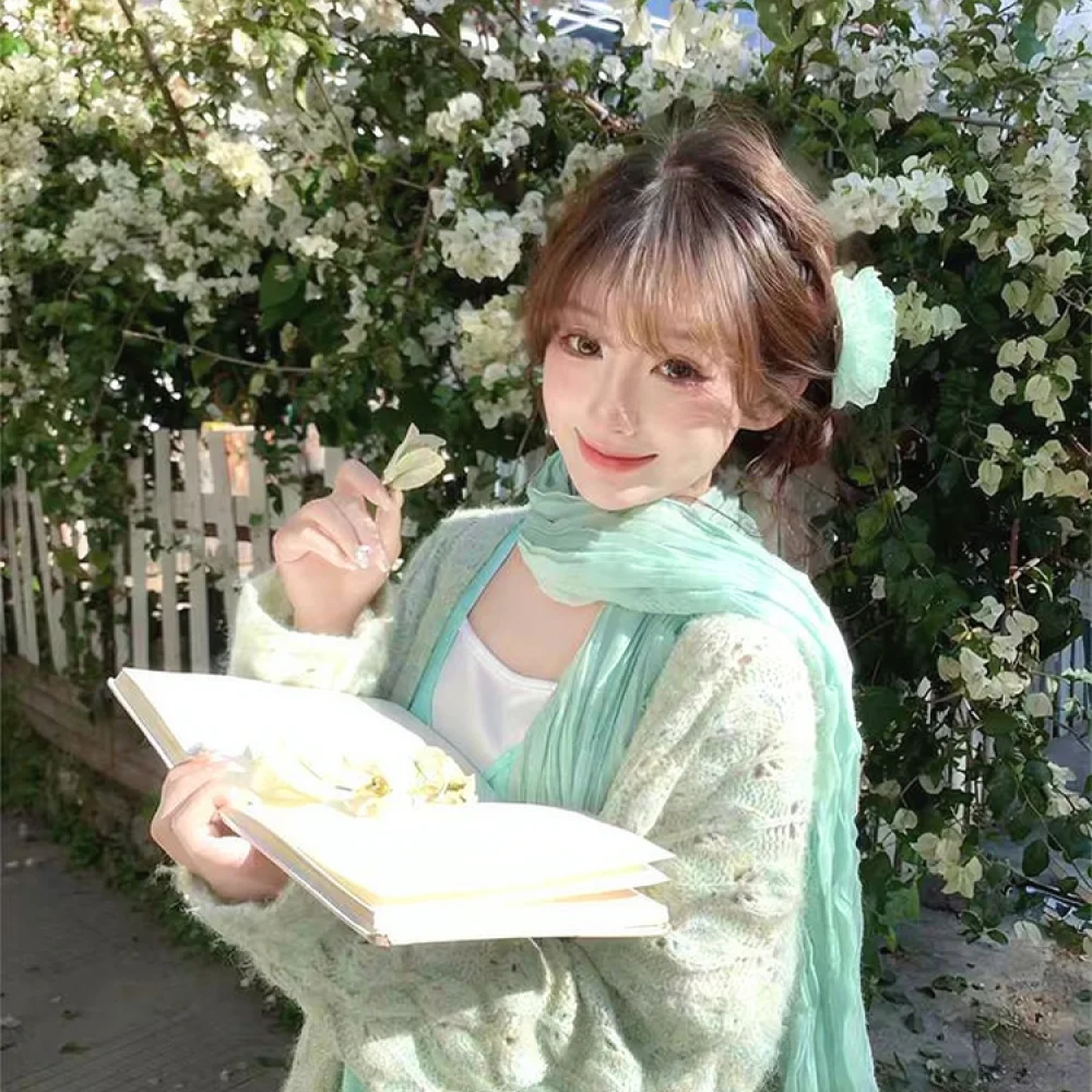 Elegant Pleated Cotton Linen Scarf Women Mint Green Wrap Shawl Spring Breathable Soft Fashion Neck Neckerchief For Jin Sou Brand
