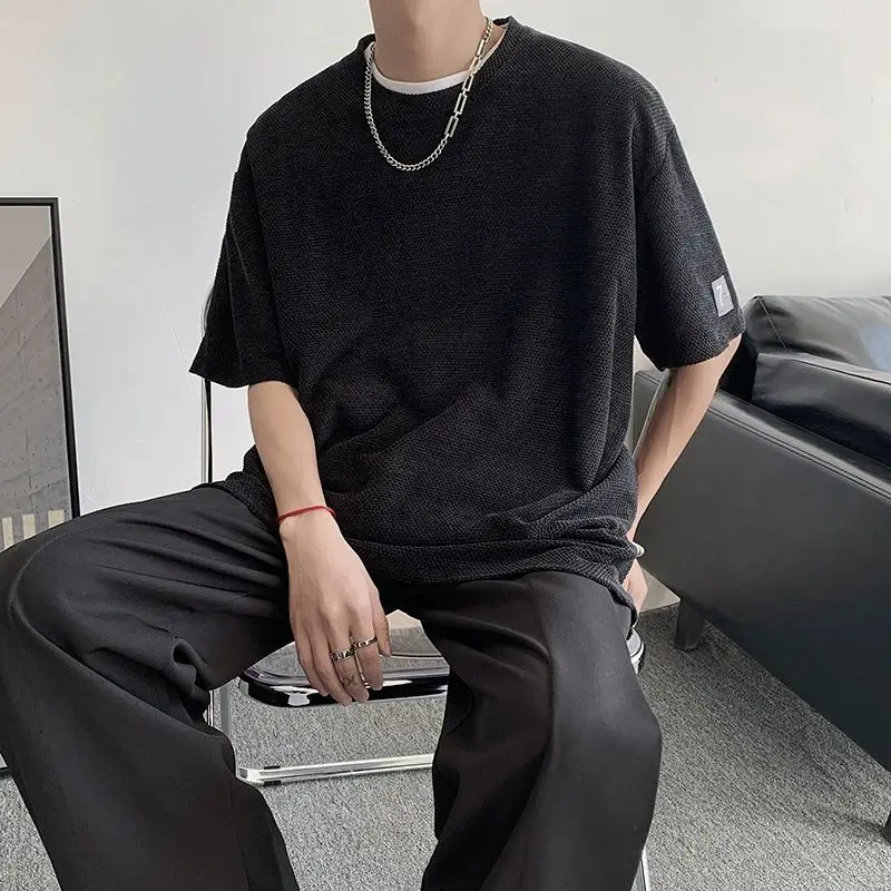 Korean Fashion Knitted Hollow Men's Short Sleeved T-shirt 2026 Summer New Casual Loose T-shirt Tops Streetwear Men Clothing