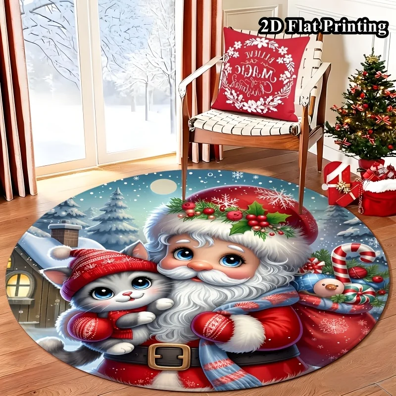 Adorable Santa Claus Hugging Grey Kitten Snowy Window Scene Round Rug For Cozy Bedroom Featuring Warm Winter Carpet