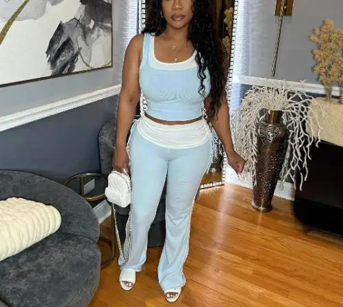 

Two Piece Set Women Outfit 2025 Summer Elastic Splicing Contrasting Color Sleeveless Crop Vest & High Waist Casual Pants Set