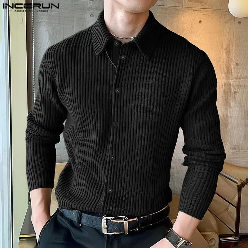 

Fashion Well Fitting Tops INCERUN Men's Solid Striped Texture Shirt Casual Streetwear Simple Male Long Sleeved Blouse S-5XL 2024