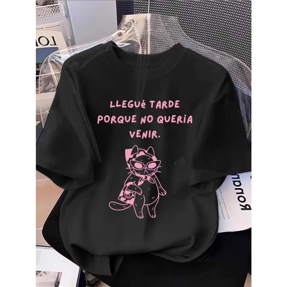 Cool Cat Spanish Slogan Graphic T-Shirts Crew Neck Short Sleeve Top Llegue Tarde Porque No Queria Venir Print Daily Fashion Tee