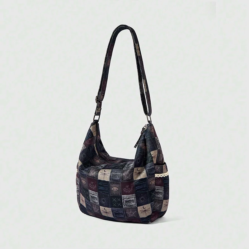 Sonnen-Mond-Stern-Print Patchwork Canvas Schultertasche, Vintage Handtasche mit Reißverschluss, Damen Pendler-Arbeitstasche Retro Leichte Tragetasche – Detail 12