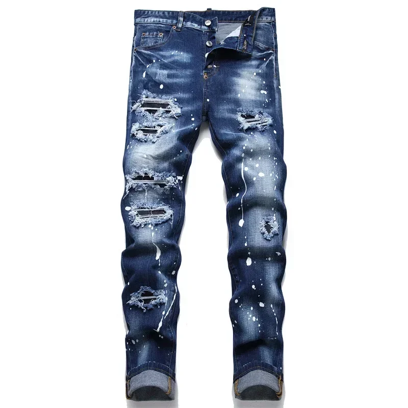 Jean slim déchiré bleu clair pour hommes, pantalon long, vêtements de qualité, marque de luxe, FJMale, 2025