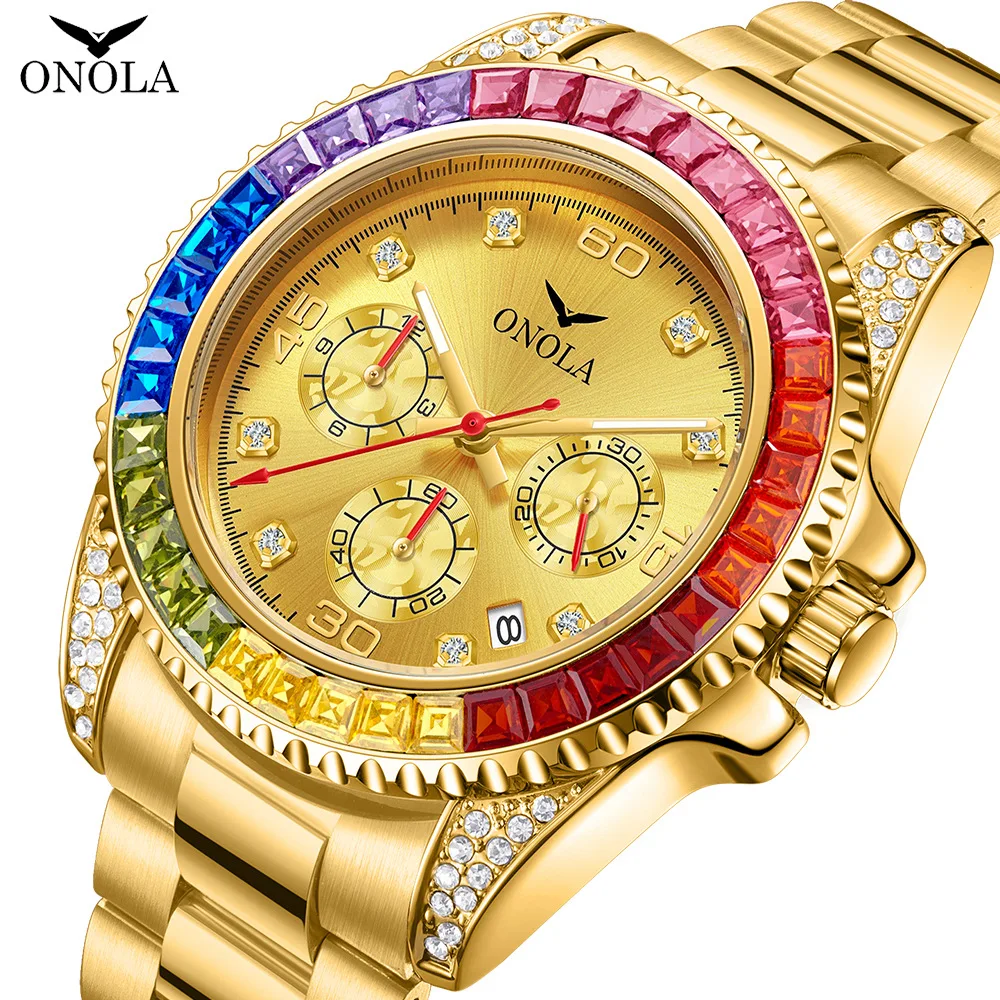 ONOLA-Montres glacées de luxe pour hommes, date automatique, horloges multifonctionnelles en acier, mode arc-en-ciel, diamant, montre-bracelet à quartz, livraison directe