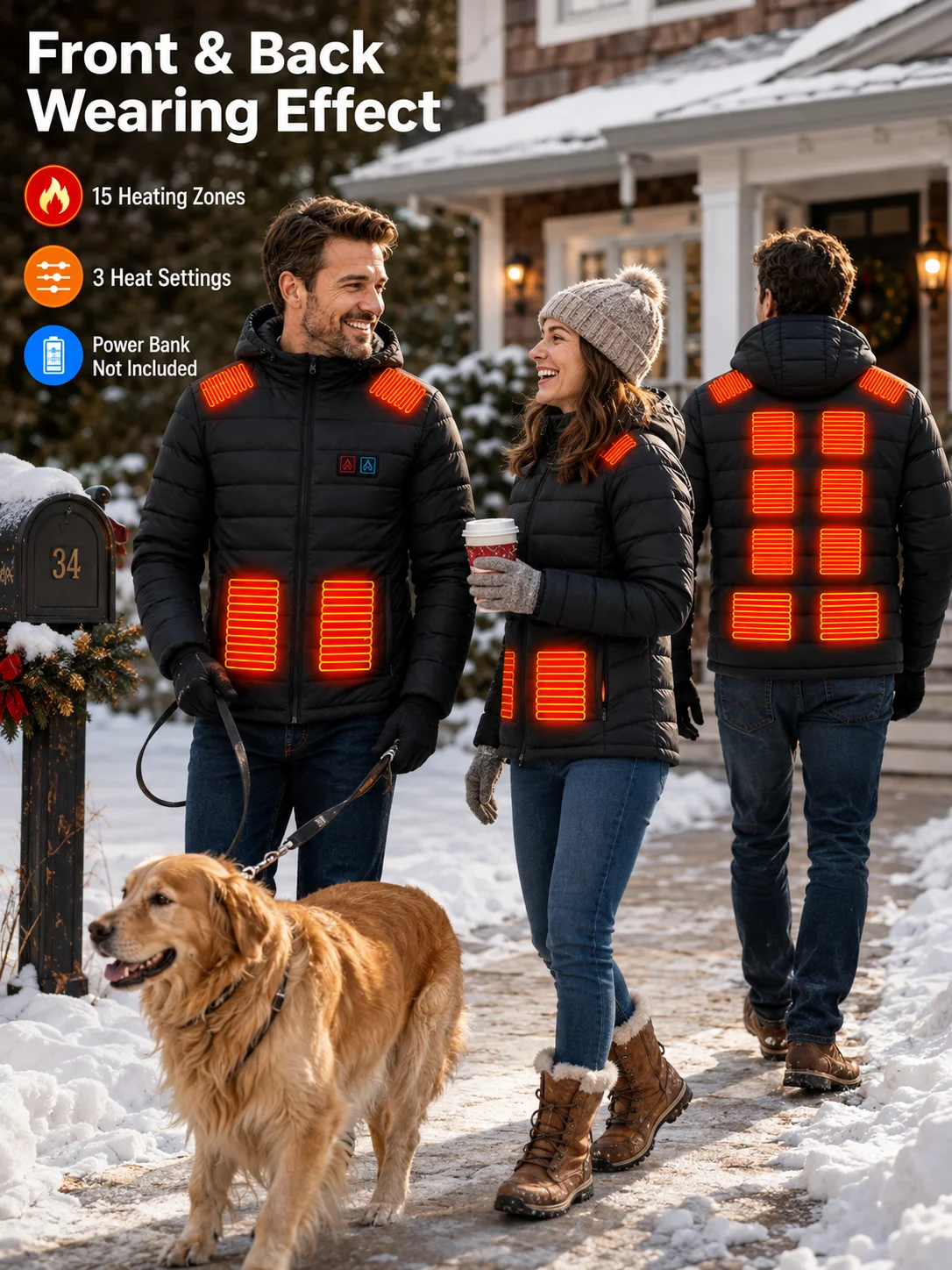 Men'S Heated Jacket with 3 Heat Settings, 15 Heating Zones, Hooded Winter Coat for Casual Outdoor Wear - Black, Polyester, Long Sleeve, Zip-Up, Four Control Buttons, Warmth for Autumn and Winter, Heated Jacket view 5