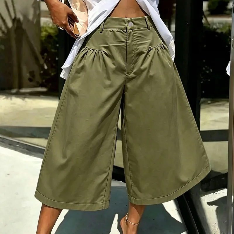 

KEXU Summer Women's High Waist Pleated Design Wide Leg Capri Pants Loose Fit Casual Fashion Cropped Trousers