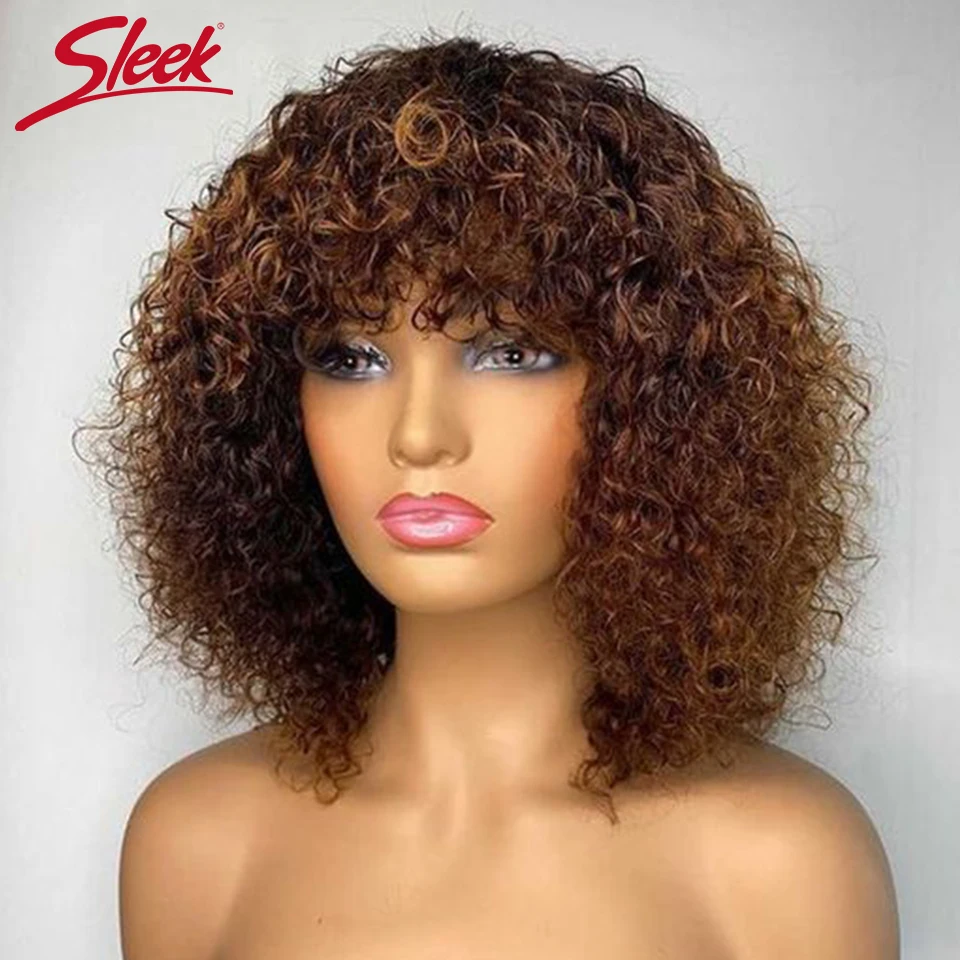 Peruvian Short Pixie Bob Cut Human Hair Wigs With Bangs Jerry Curly Non lace front Wig Highlight Honey Blonde Colored Wigs