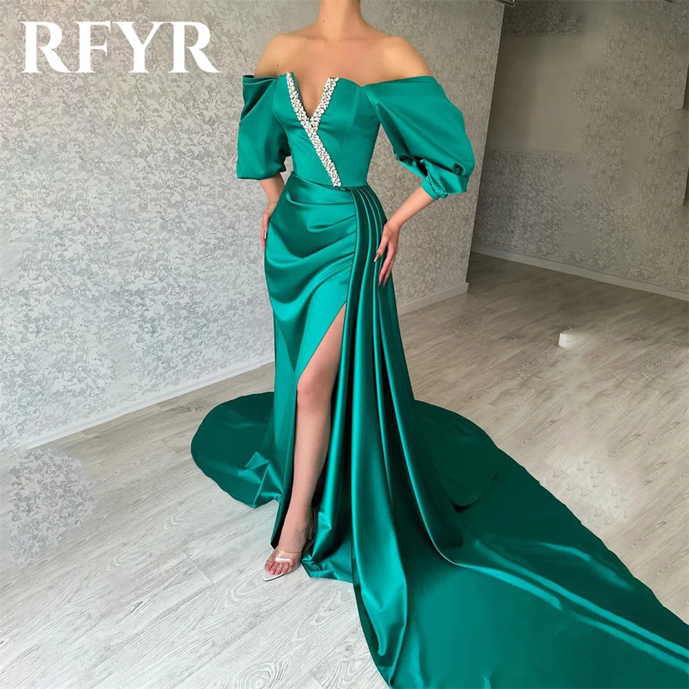 

RFYR Green V-Neck Evening Dress for Party Pleats Satin Split Sexy Mermaid Prom Gowns Off the Shoulder Celebrity Dress Customized