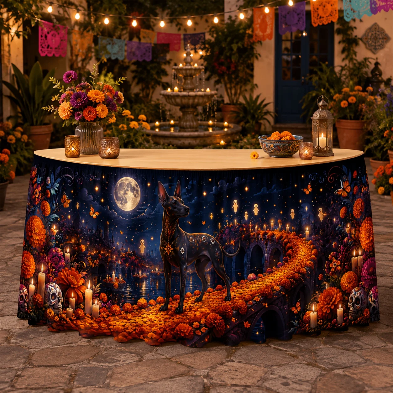 One Mexican Day of the Dead tablecloth with a pattern of Mexican terrier marigold sugar skull - mechanism tablecloth