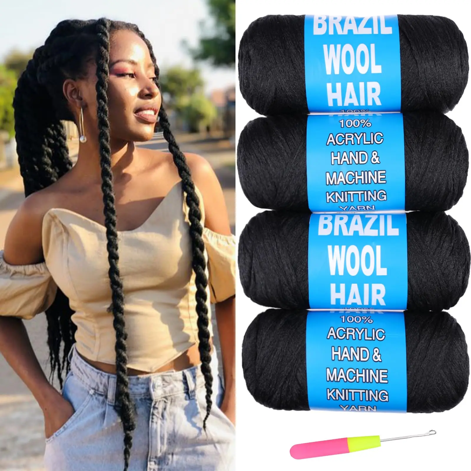

Synthetic Braiding Hair Extensions 4 Pcs Natural Black Brazilian Wool Hair for Braiding Hair Acrylic Yarn Crochet Hair for Women