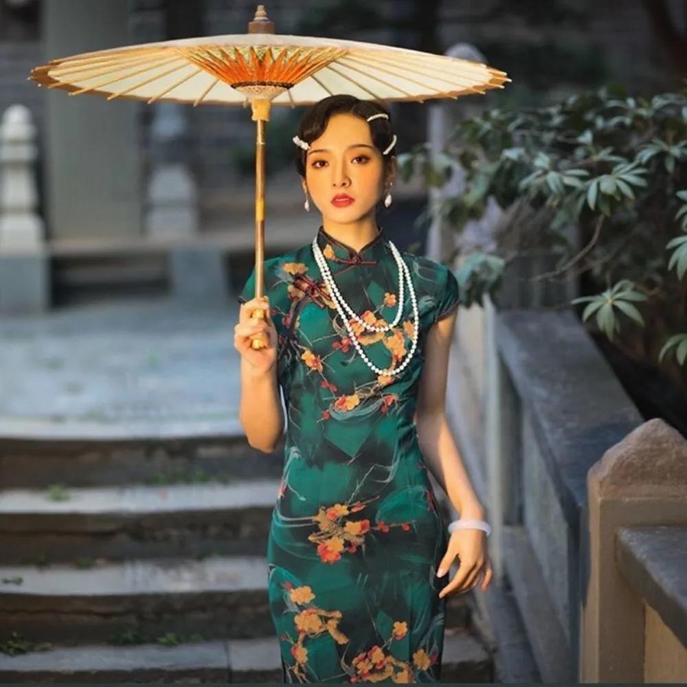 

Зеленый Ципао 2025, винтажное Шанхайское платье Cheongsam, длинное цельное китайское платье в стиле ретро для женщин