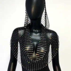 Sweater without backward -back V -neck, see through net, hollow tank top, crop top, crop top rave festival, shiny rhinestones, sexy Main Main Sales Rhinestrodes - №10