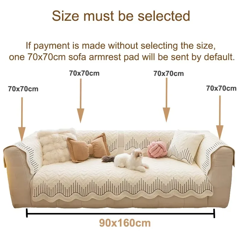 Embroidered Quilted Washed Cotton Sofa Cushion Cover, Soft Breathable Non-Slip Couch Pad for Modern Living Room Home Decor