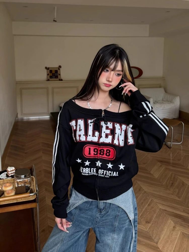 E-girl um ombro y2k recortado zíper cardigan estilo americano vinatge magro topo feminino monograma listrado webbing moletom 2000s