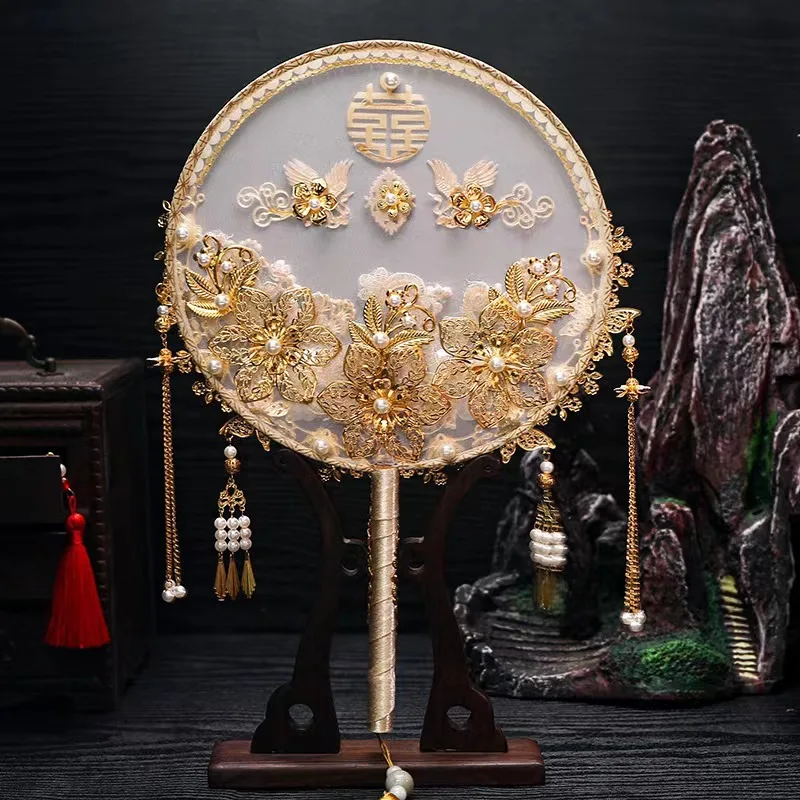 Antique Chinese Bridal Fan Wedding Decoration Hand Hold Flowers Pink Decorative Fan