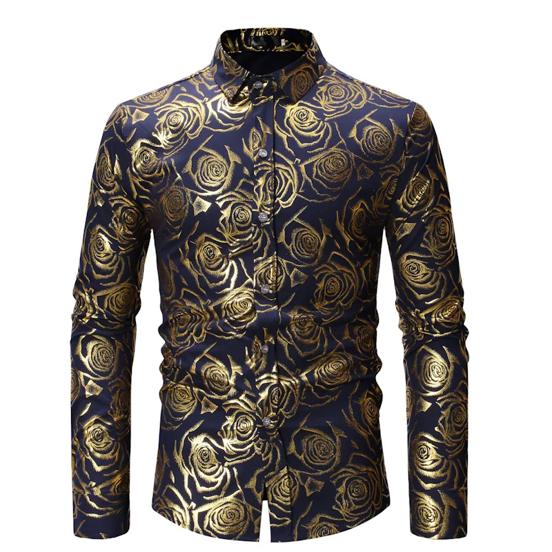 Luxury Shirts for Men Black Rose Bronzing Long Sleeve Dress Shirt Wedding Groomsmen Party Men Soft Easycare Formal Top Clothes