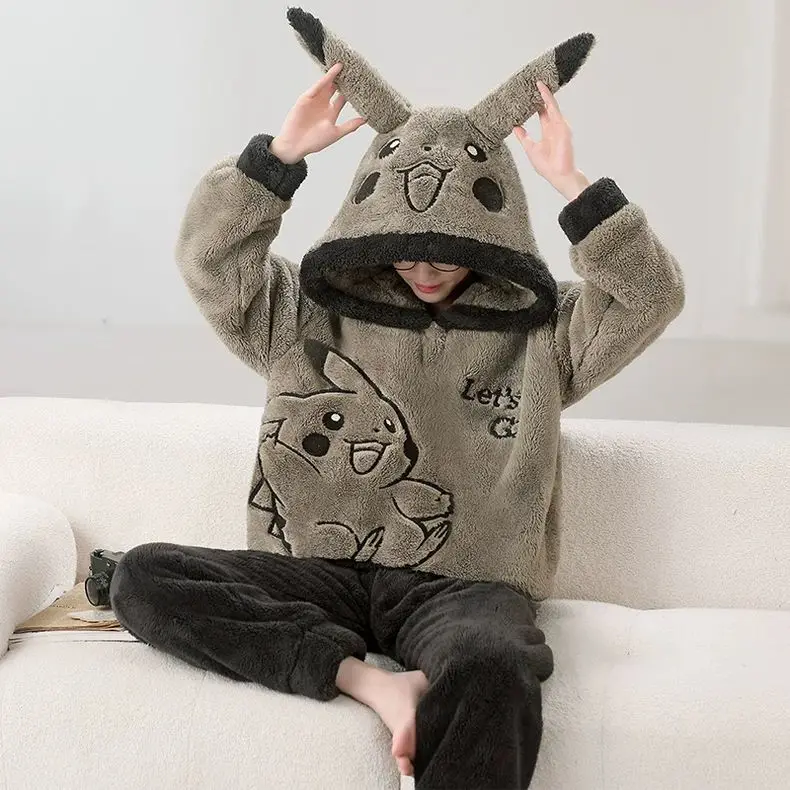 Crayon Shinchan Pikachu Hooded Pajama Set Winter Thick Coral Fleece 2-Piece Sleepwear Print Hoodie Top and Pants Home Loungewear