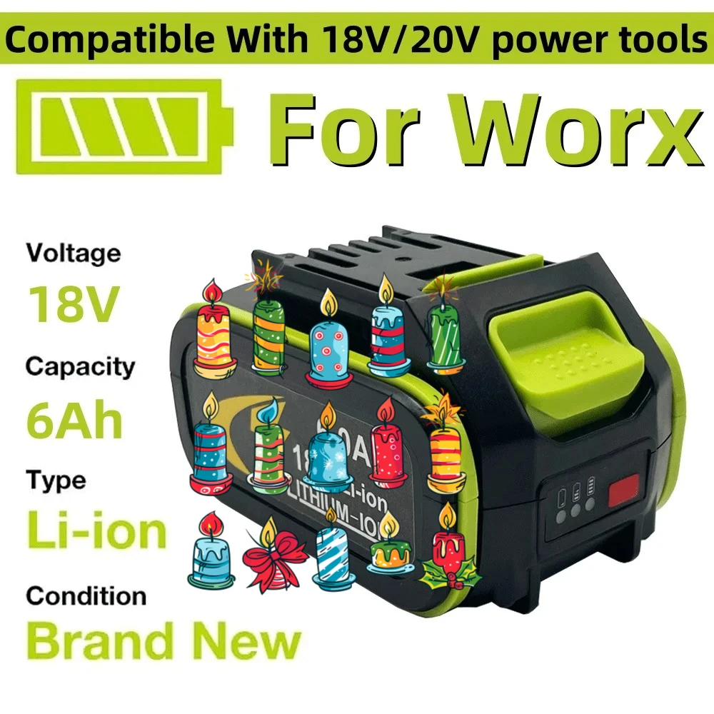 

6.0Ah For Worx 18V Batteria Universale Piattaforma Verde Adatto per WU386 WU388 WU279 WU182 WU380SWU808 Serie Utensili Elettrici