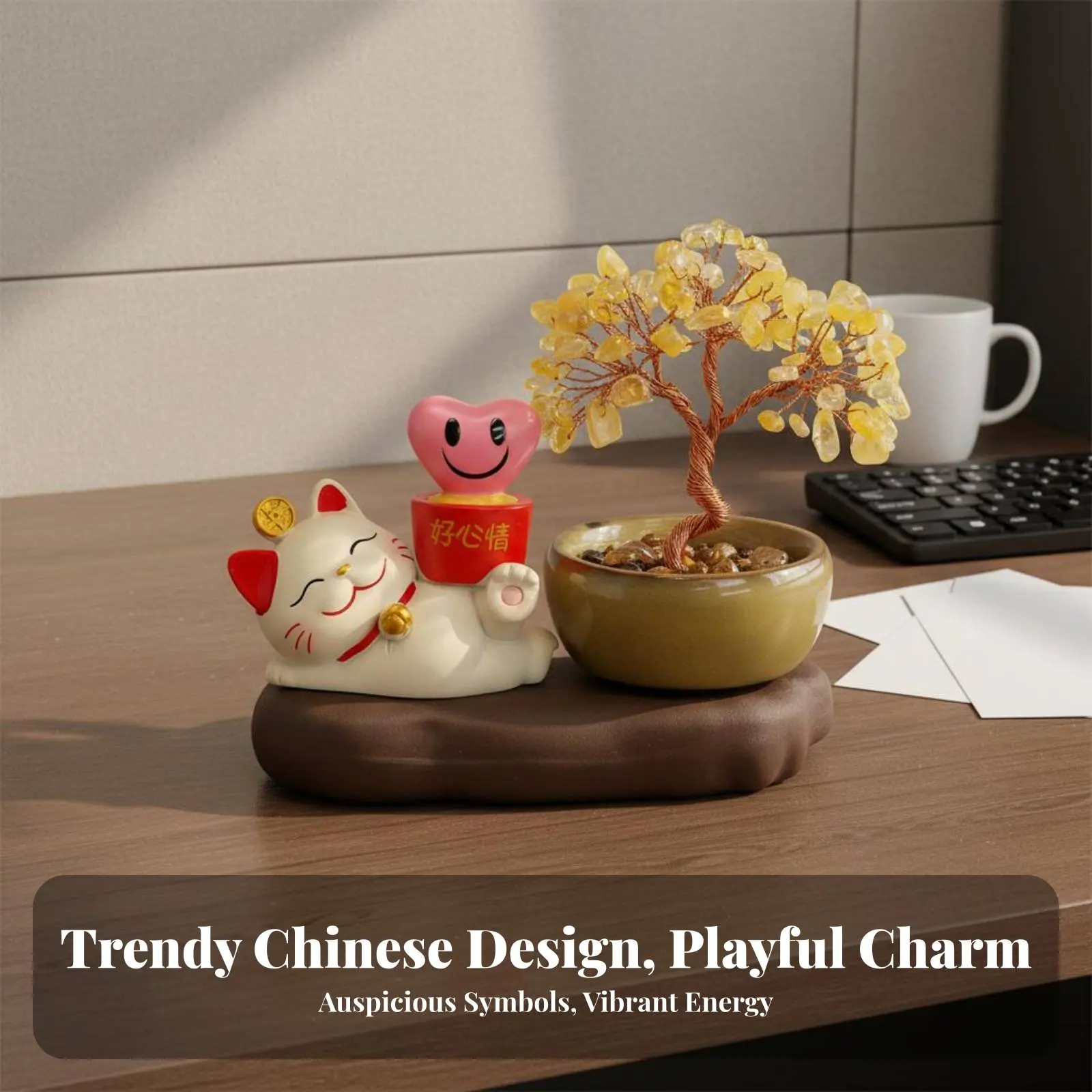 Figura Decorativa de Gato de la Fortuna con Árbol de Cristal, Diseño Chino Elegante, Estatua de Gato que Atrae la Riqueza y la Buena Suerte