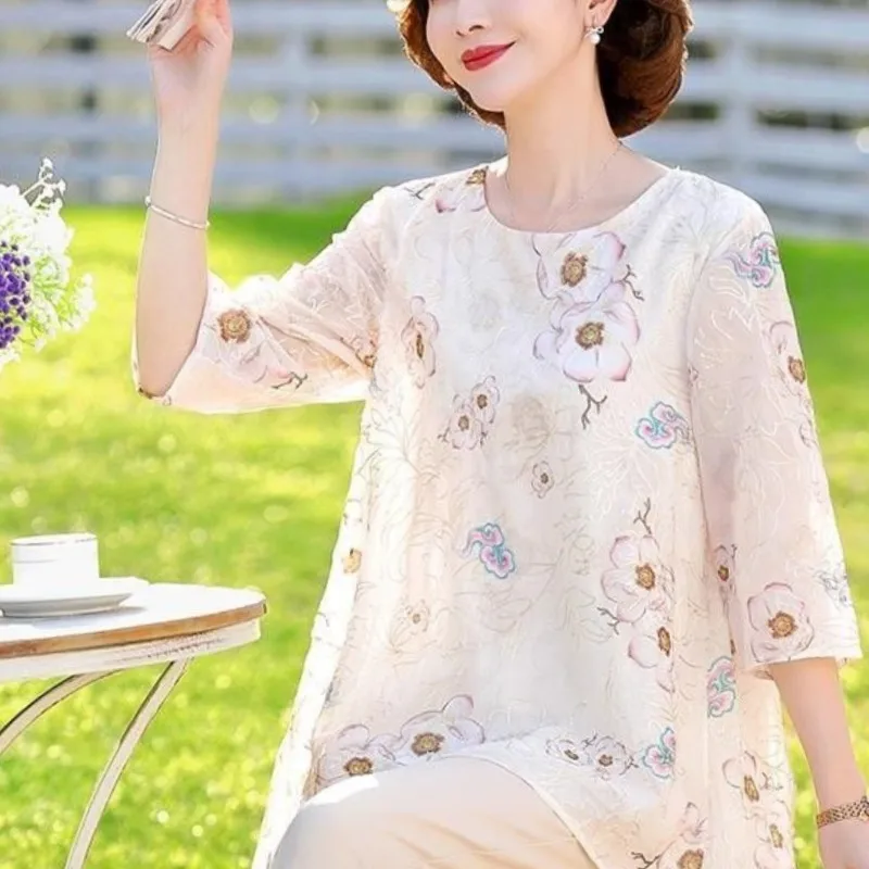 Temperament Summer Women's Mid Sleeved Round Neck Mesh Embroidery Fashion Versatile Loose Mid Length Korean Version Chiffon Tops