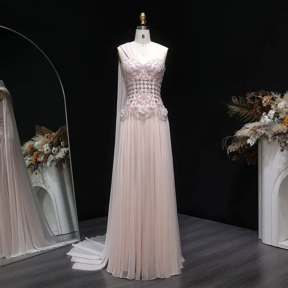Aenyrst Customized Celebrity Evening Dresses Pink Sleevesless Prom Dresses High Neck Pleated Beadings Ankle Length Party Dresses image 4