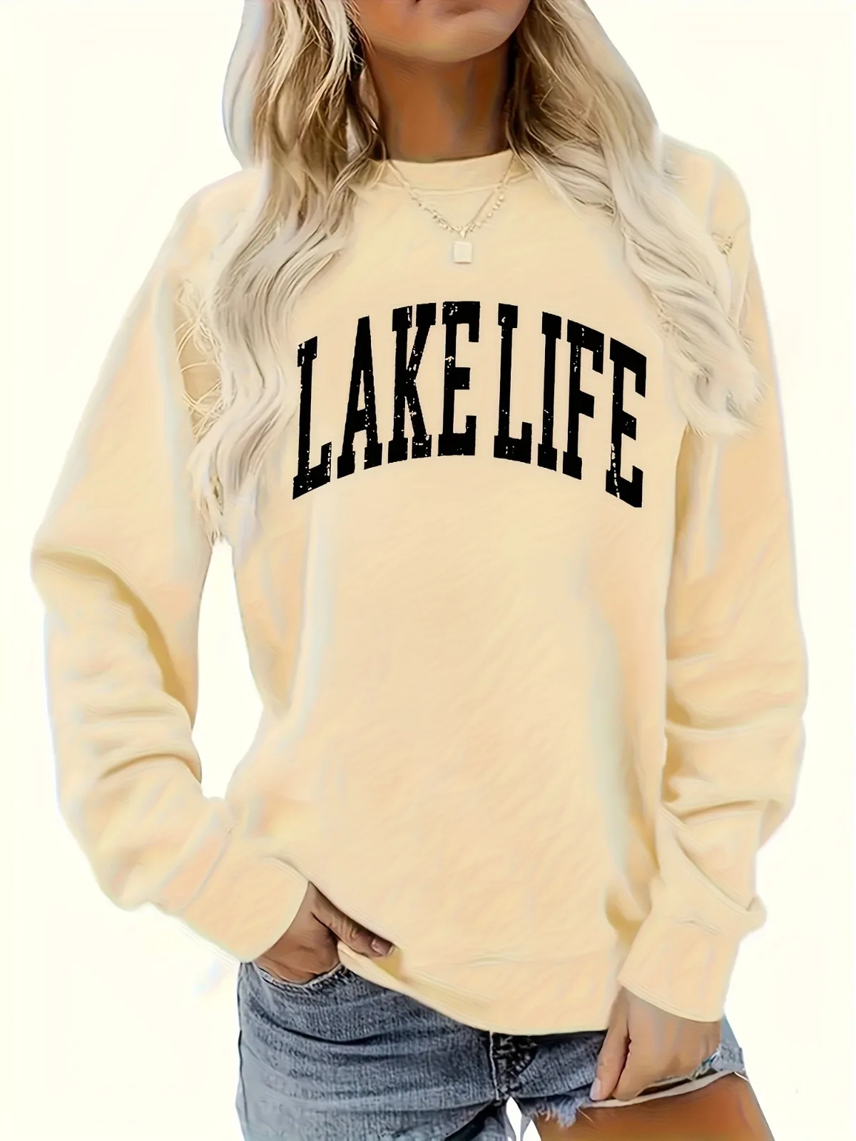 بلوفر نسائي كاجوال أنيق رياضي بنمط حروف ليك لايف مطبوع برقبة دائرية، مناسب لهدايا العطلات