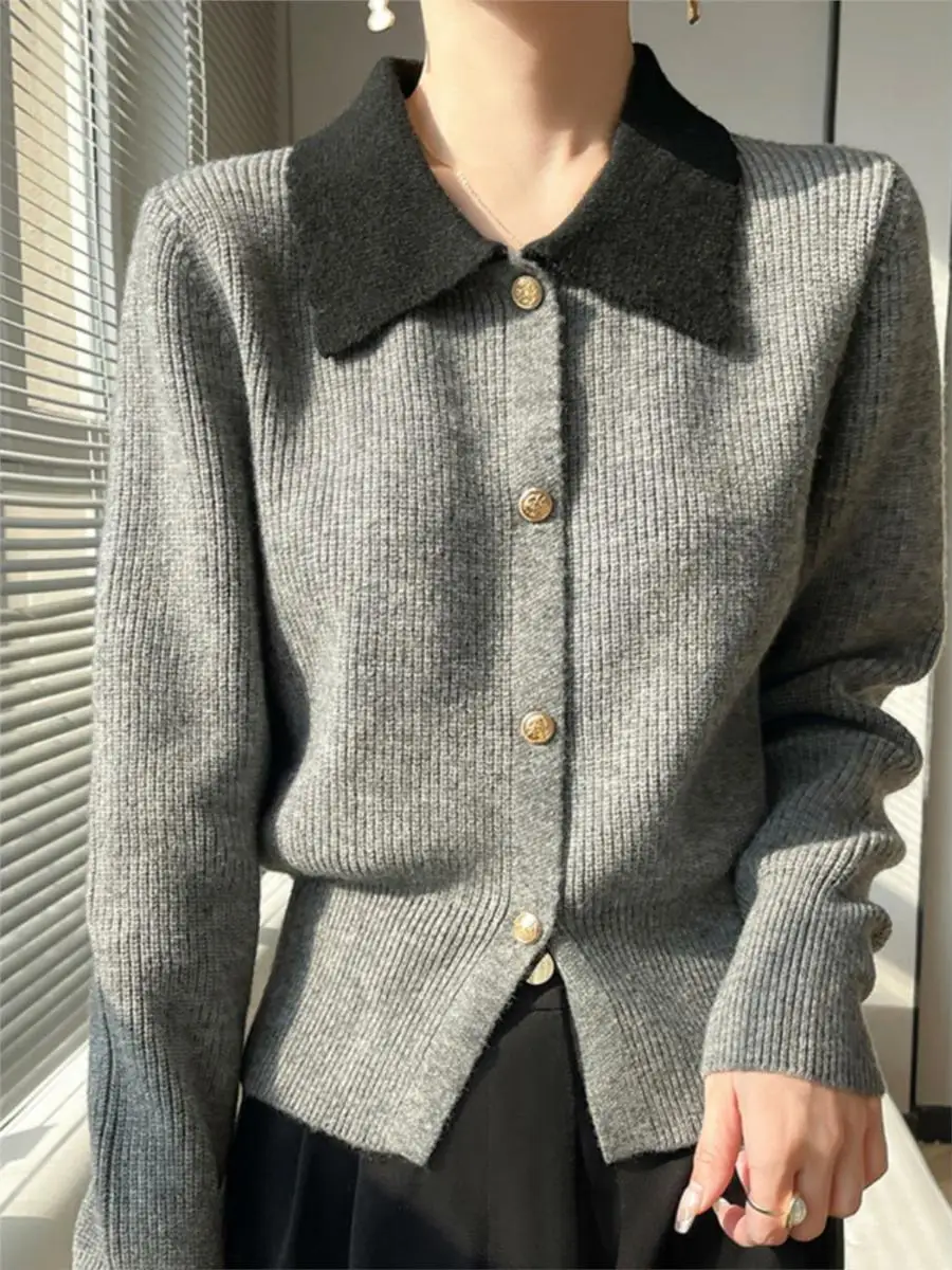 

Autumn New Sle Woolen Knitted Sweater ort Open Cardigan Color Blo Collar Warm Casual Women's Faion Top Ladies' Clothes