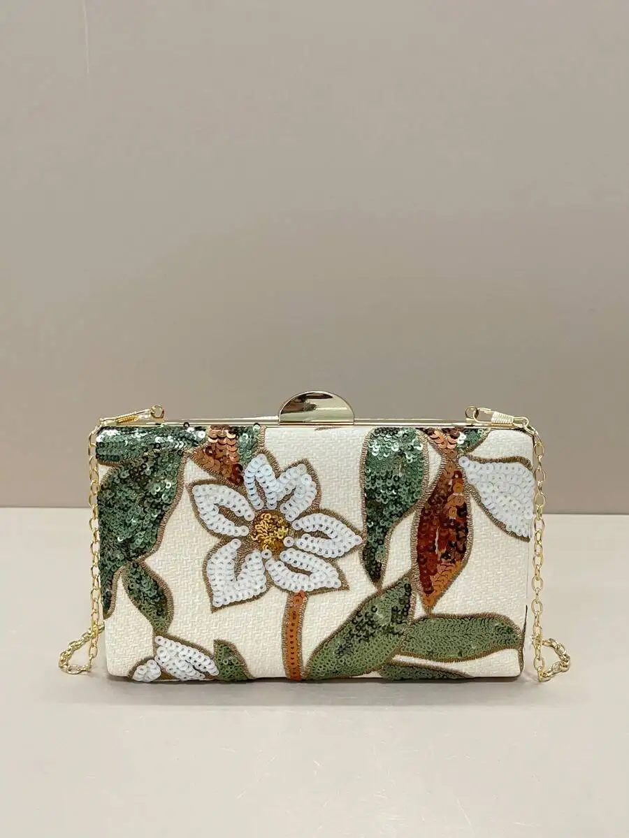 

Sequin Embroidered Floral Clutch Bag For Women Evening Party Handbag