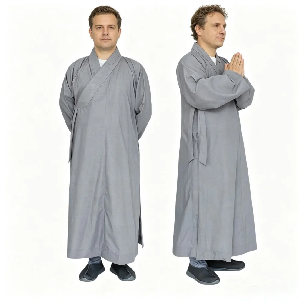CLYFAN Breathable Cotton Zen Monk Nun Robe Traditional Changshan Kasaya Buddhist Meditation Temple Long Garment