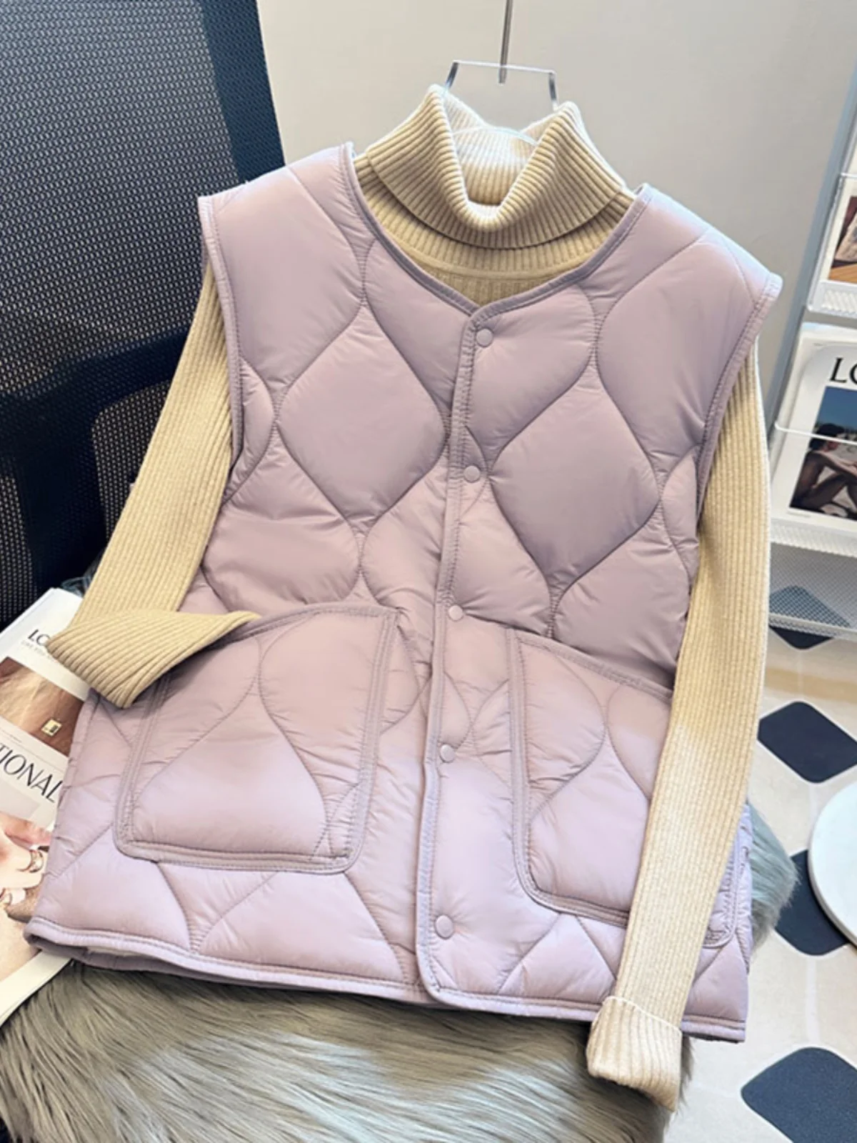 

2024 New Women's down Cotton Vest Warm Fce Lined Slim Fit ort Sle Autumn Winter Thiened Bal oulder Pad