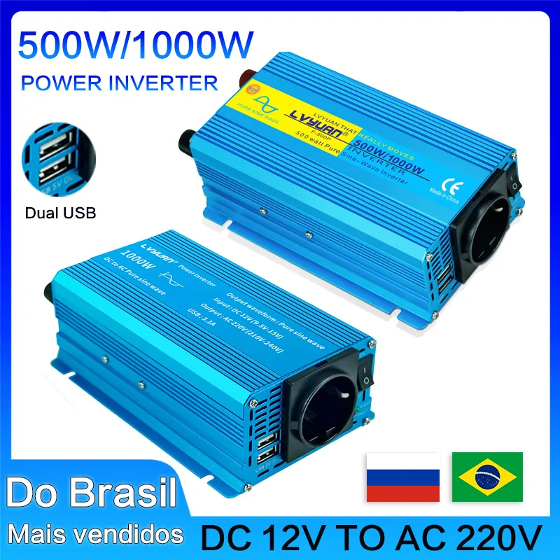 inversor 12v 1000W Car Power Inverter  DC12V AC220V Pure Sine Wave 50Hz/60Hz Dual USB Car Cigarette Lighter EU Universal Socket