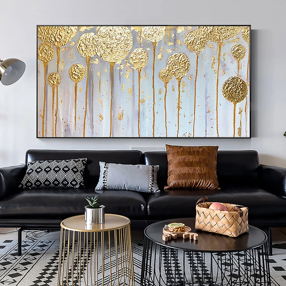 

Hand Painted Oil Painting Abstract Gold Leaf Flower Oil Painting on Canvas Gold Foil Landscape Textured Acrylic Painting Decor