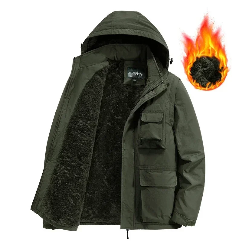 Men Hooded Outdoors Tooling Jackets Multi Pockets Fleece Warm Long Down Jackets High Quality Male Winter Casual Parkas Size 4XL