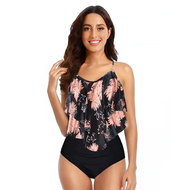 Conjunto de Tankini con volantes para mujer, Top acolchado con Tirantes ajustables para los hombros, tejido elástico ajustado de cintura alta, ropa de playa, 8 colores, 2024