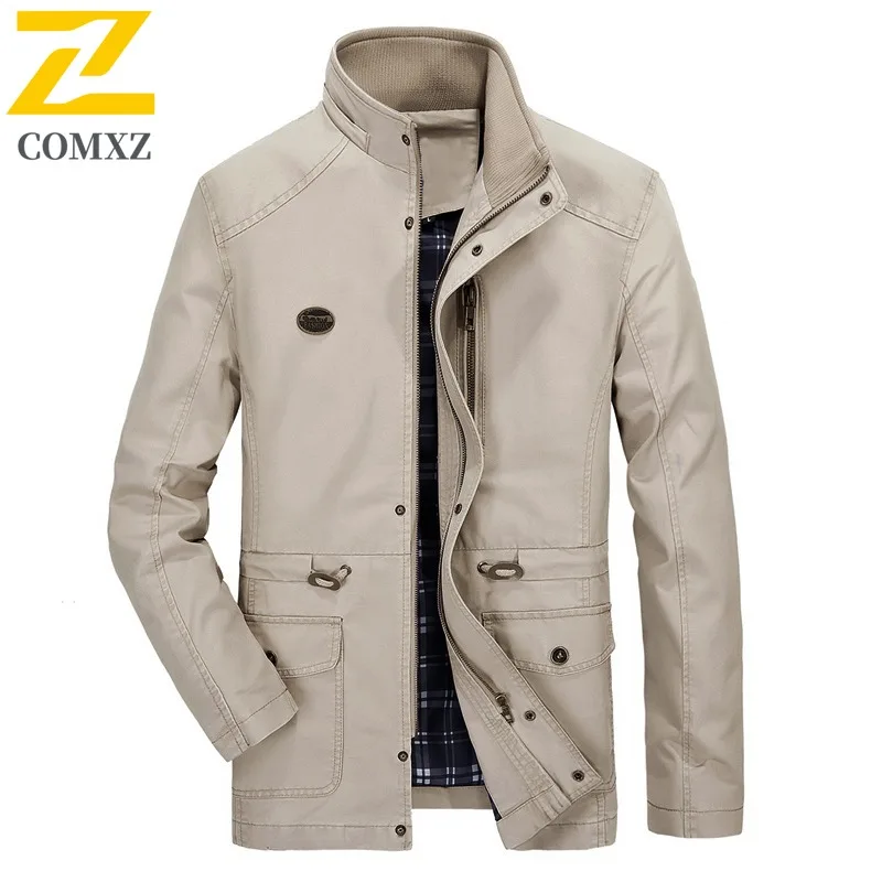 COMXZ Autumn Winter Men Longline Trench Coat Stand Collar Detachable Hood Loose Fit outdoor Coat lightweight windbreaker 2025