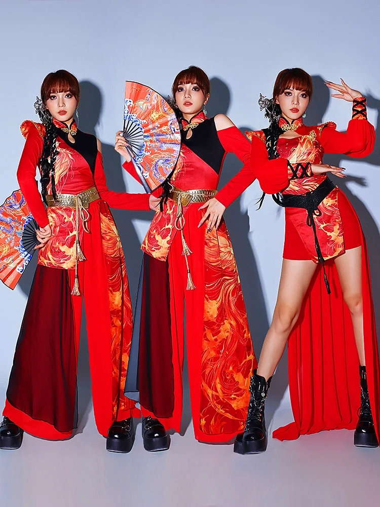 Uniforme de líder de torcida feminino vermelho estilo chinês jazz