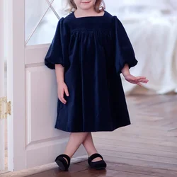 Girls Velvet Dress With Gorgeous Sleeves Chic Sapphire Blue Christmas Party Vintage Dresses Children's 2026 Autumn Clothes