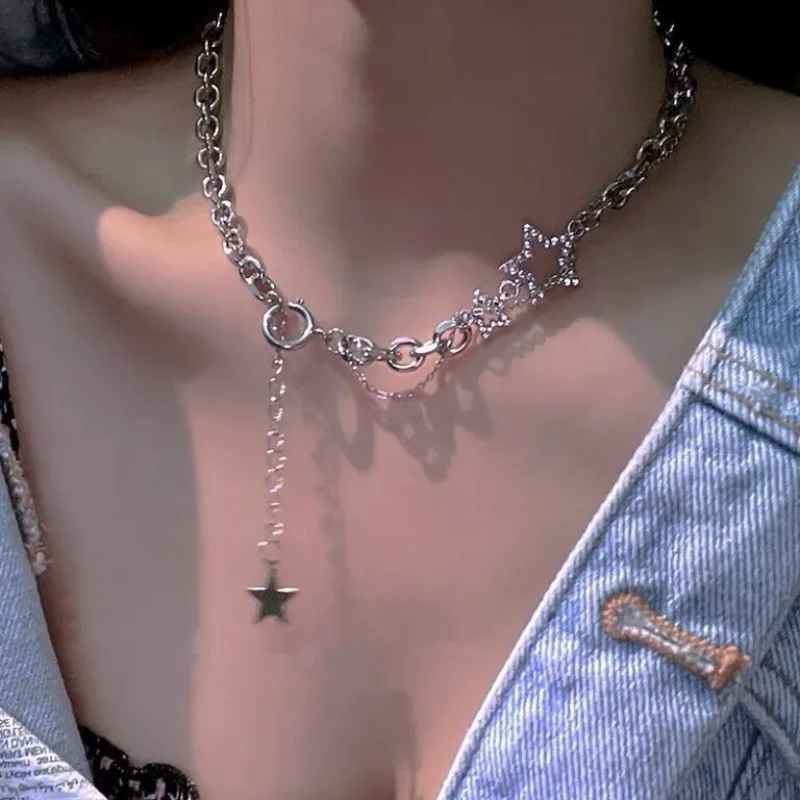 Y2K Star Zircon Pendant Necklace for Women Luxury Sweet Cool Girl Punk Heart Clavicle Chain  2023 New Fashion Jewelry Party Gift