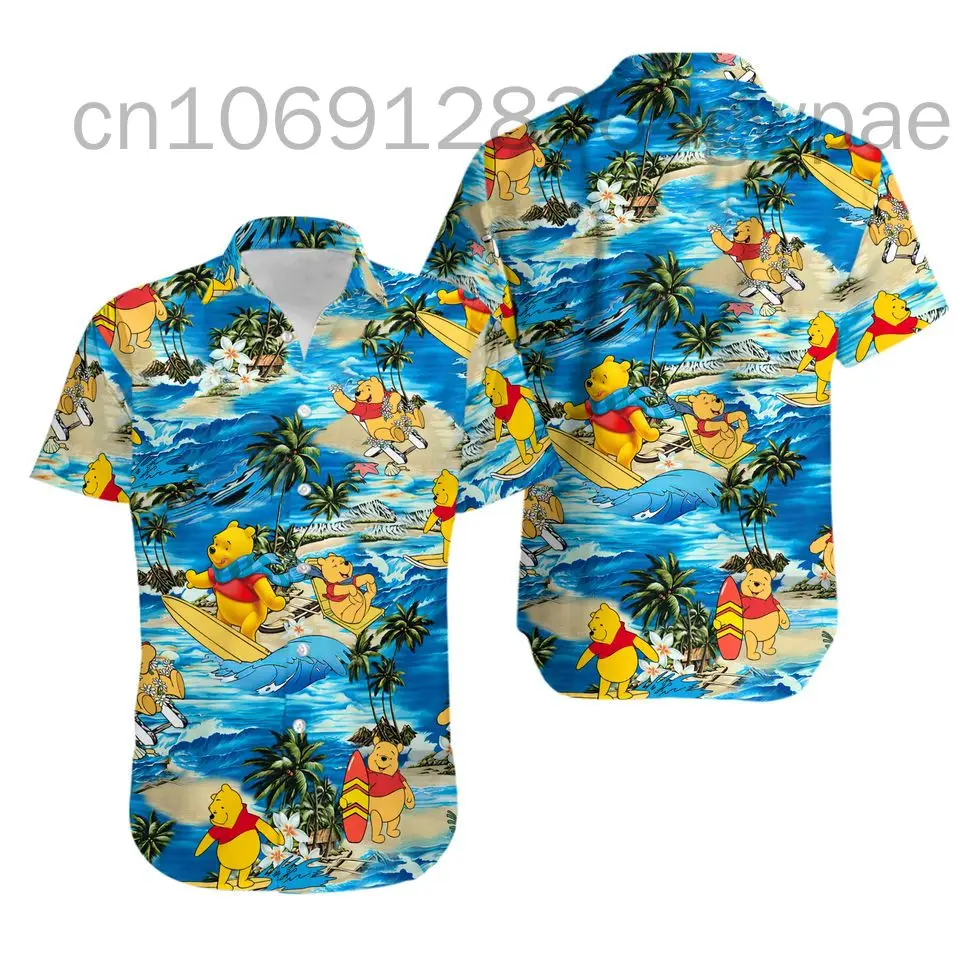 Winnie the Pooh Hawaiian Shirt Men's Casual Short Sleeve Party Shirt Disney Tropical Forest Hawaiian Aloha Beach Shirt