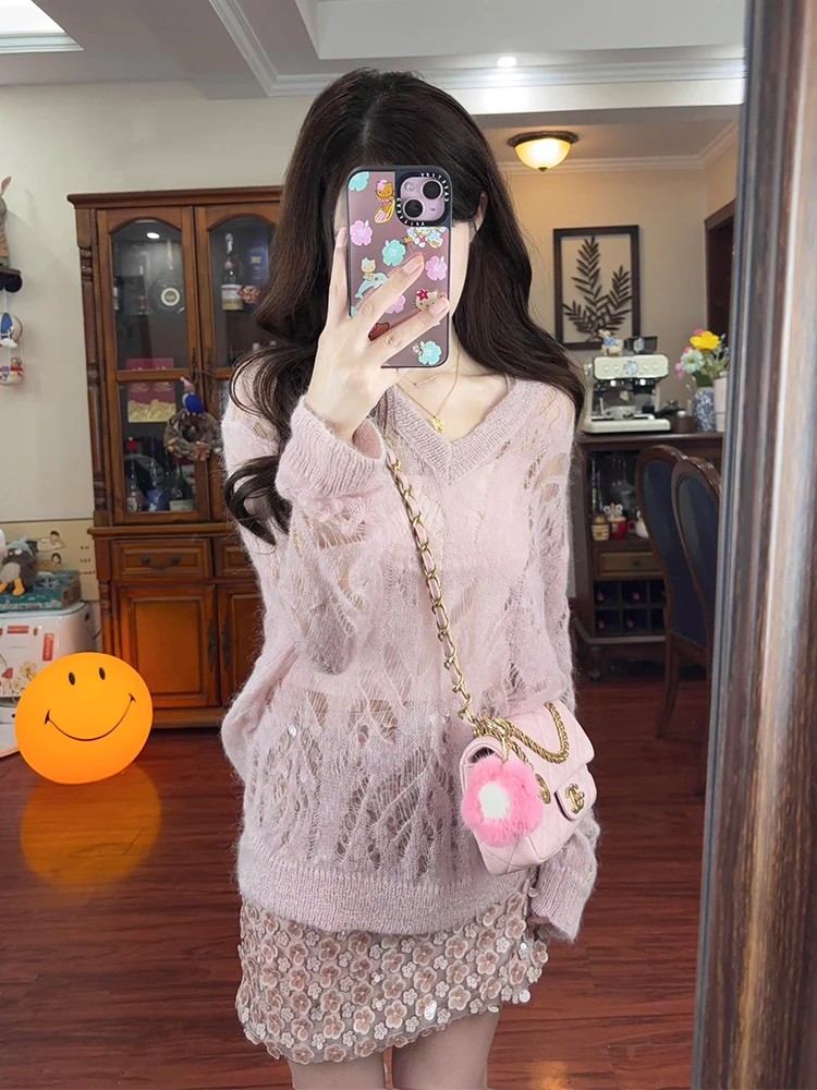 

Pink Hollow out Floral Sweater And Short Skirt Set Gentle Style plus Size Autumn Fashion Women's Ensemble Casual Lightweight ...