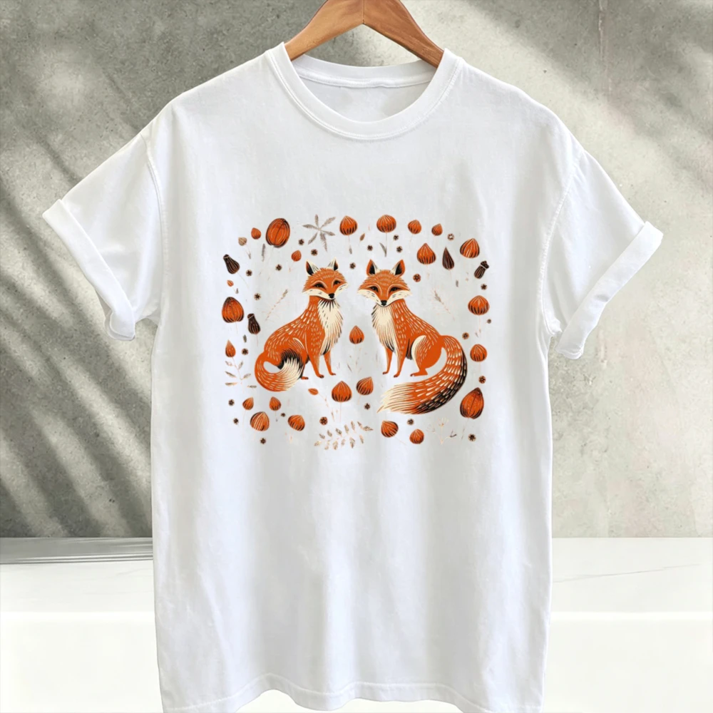 Cute Fox Autumn Woodland Graphic Printed Cotton T-Shirt Cottagecore Fall Forest Animal Acorn Leaf Pattern Short Sleeve harajuku